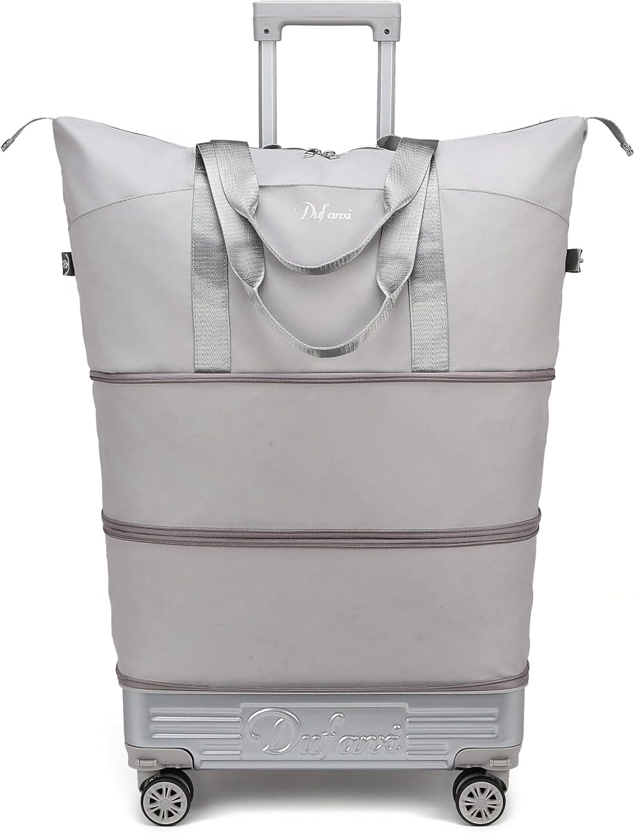 Expandable Rolling Travel Bag with Removable Wheels & Handle, Large Capacity Wheeled Duffle Tote, Foldable Carry On Luggage for Women, Lightweight Weekender Overnight Bag (Grey)
