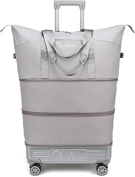 Expandable Rolling Travel Bag with Removable Wheels & Handle, Large Capacity Wheeled Duffle Tote, Foldable Carry On Luggage for Women, Lightweight Weekender Overnight Bag Grey