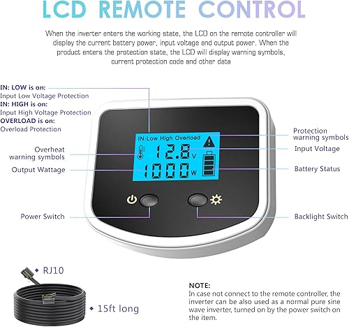 Miniatura 4 de Inversor de corriente de onda sinusoidal pura de 1000 vatios CC 12 V CA 110 V 120 V con 3 enchufes de CA, puertos USB duales de 4.8 A y control