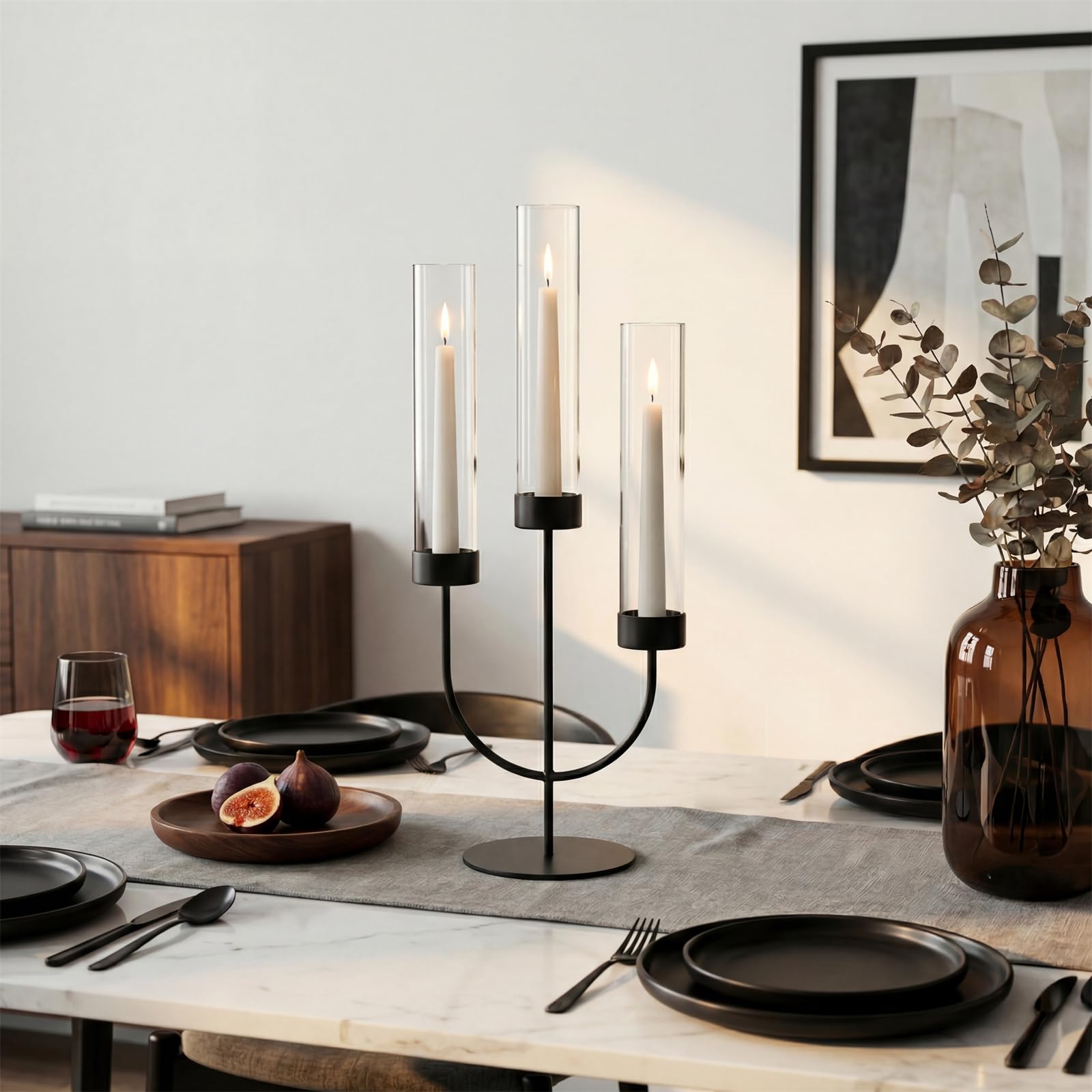 Sziqiqi Candelabro Nero: Portacandele a 3 Bracci con Vetro Hurricane per Centrotavola - Candelabro Gotico in Metallo per Decorazioni Halloween Esterno Cena Camino