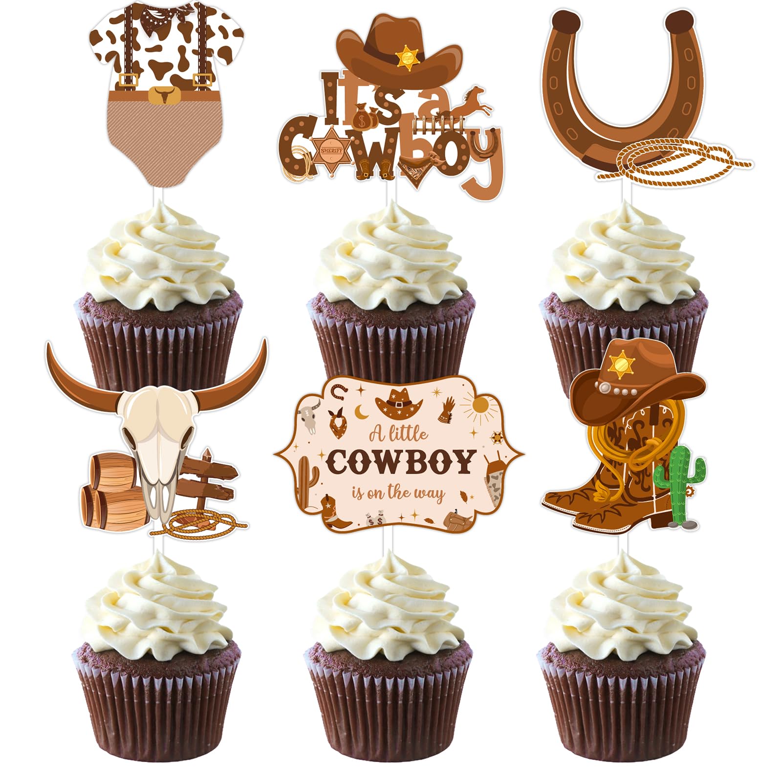 Wonmelody Western Cowboy Cake Decoration 36Pcs Cowboy Baby Shower Cupcake Toppers It'S A Cowboy Cupcake Toppers Wild West Party A Little Cowboy Is On The Way Decorations Cowboy Themed Party Supplies