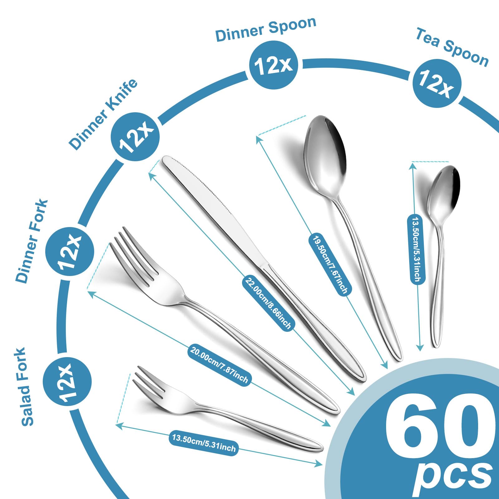 Juego de cubertería de 60 piezas de acero inoxidable para 12 personas, pulido brillante, juego de cubiertos con cuchillo, tenedor, cuchara, apto para lavavajillas