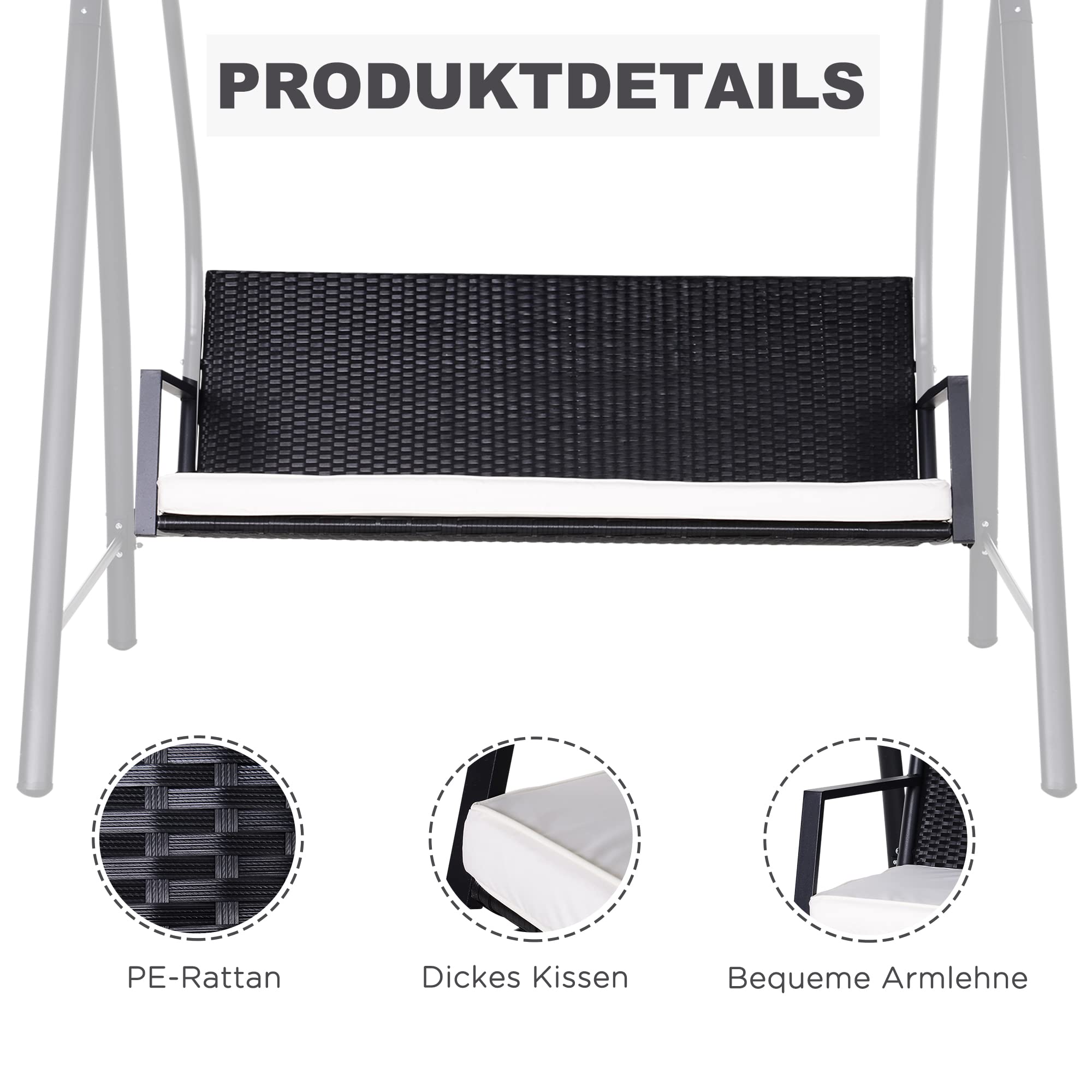 Outsunny Hollywoodschaukel 3-Sitzer aus Polyrattan Gartenschaukel mit verstellbar Sonnendach Sonnenschutz Sitzkissen Hängebank bis 360 kg belastbar Hängeschaukel für Garten 198x124x179cm Schwarz