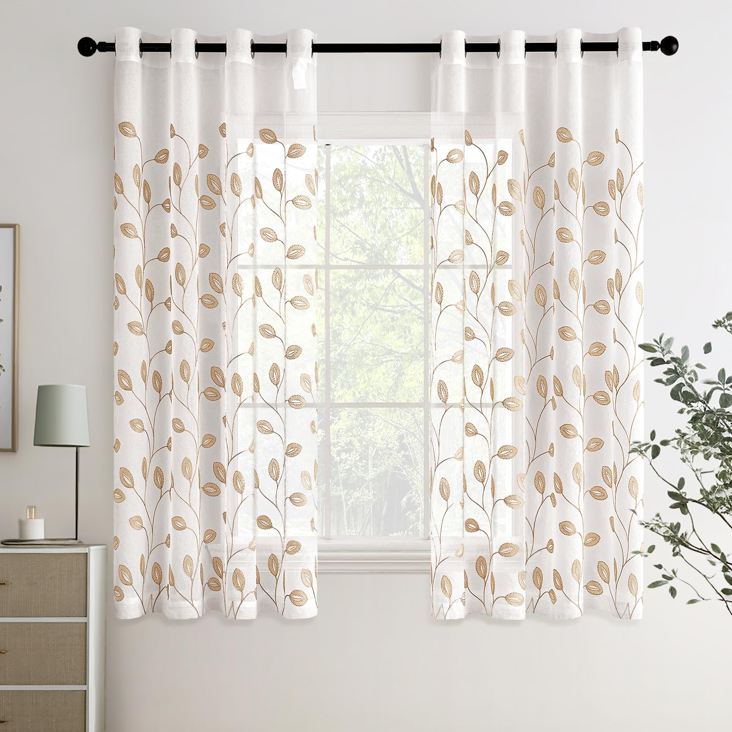 MIULEE Cortinas Salon Modernas con Bordado de Hojas 2 Piezas, Lindas Cortinas Visillos Dormitorio Matrimonio con Ojales, Cortinas Translucidas Salón con Hojas Motivos 140x160 Beige