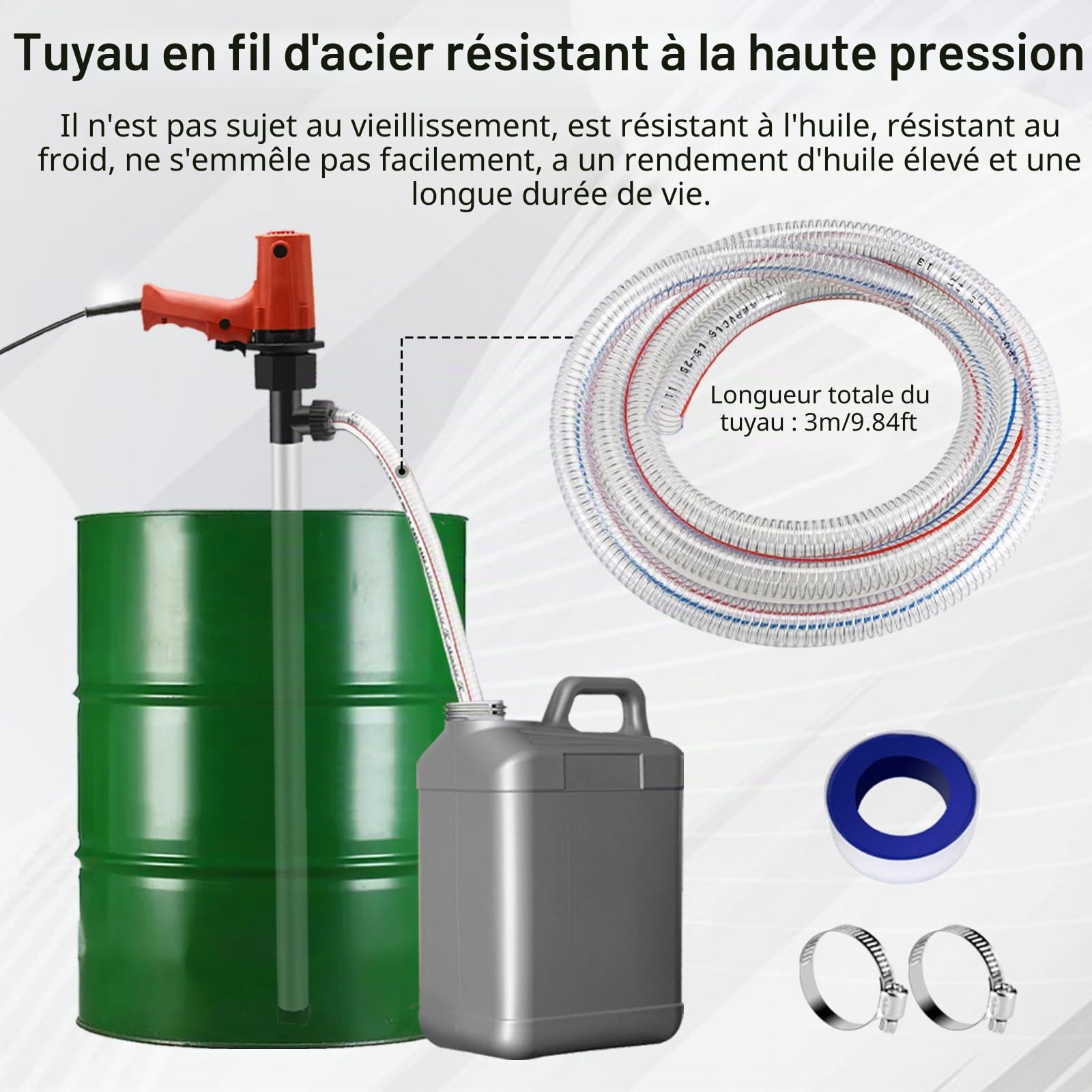 Pompe électrique Pour Fûts, 880W Compatible Essence Diesel Et Eau Débit 70-95 L/Min Vitesse 5000-10000 Tr/Min équipée D'un Tube Aluminium 89cm Et D'un Flexible En Acier Pour Fûts Standard 200L Et 220L