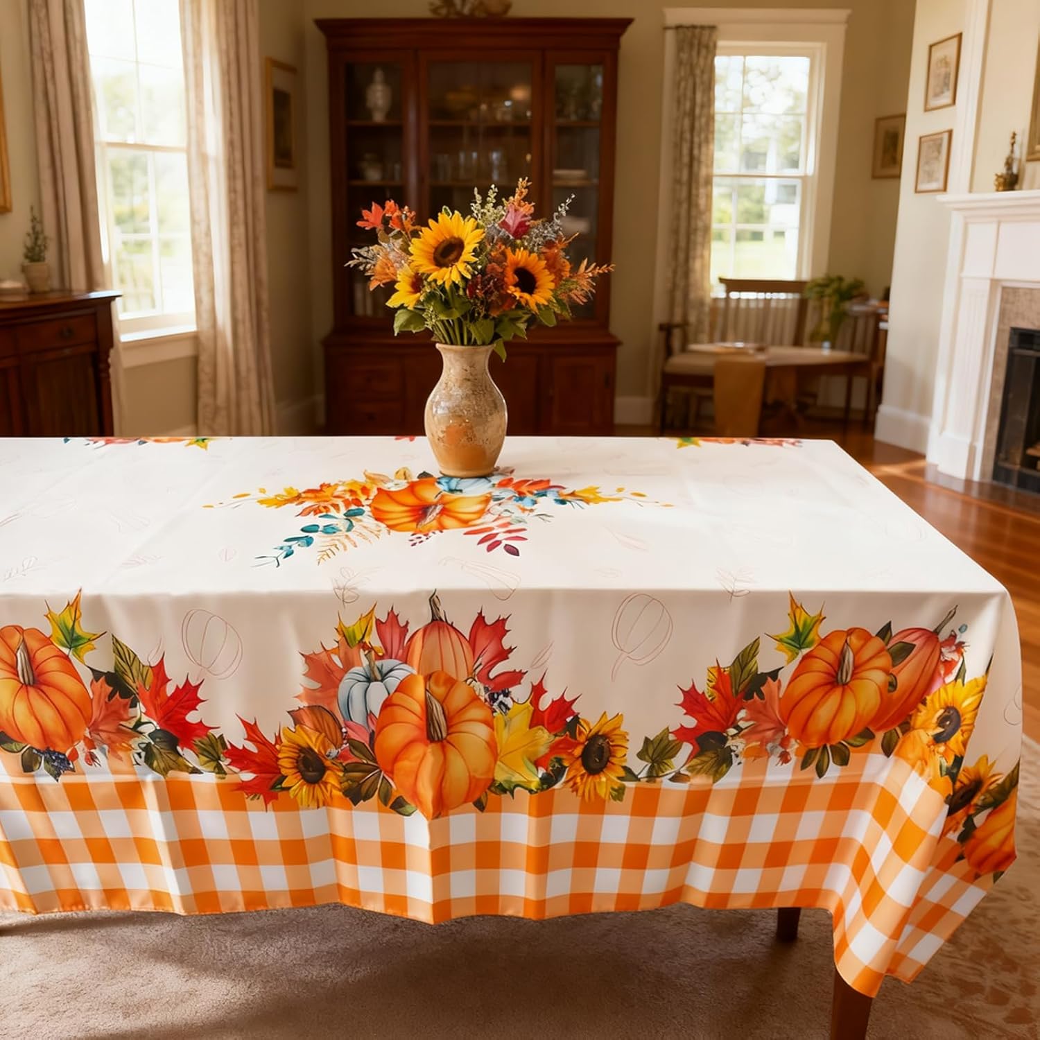 Musawarm Thanksgiving Tablecloth, Fall Table Cloths, Orange Pumpkin Maple Leaf Rectangle Table Cover, Party Decoration(Black-60 * 84'')
