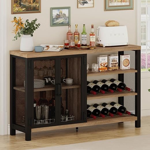 BON AUGURE Industrial Bar Cabinet with Removable Wine Rack, Multi-Function Rustic Wine Cabinet for Liquor and Glasses, Farmhouse Liquor Cabinet Bar for Home (47 Inch, Vintage Oak)