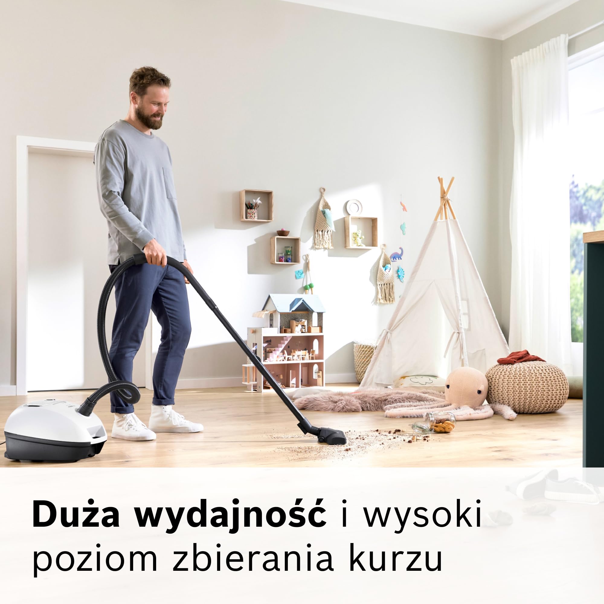 Bosch Serie 4 Odkurzacz Workowy, Promień Działania 11 m, Pojemność Worka XL, Ssawka do Tapicerki, Ssawka Szczelinowa, Zintegrowany Schowek na Akcesoria, Biały, BGB41WH1 | Odkurzacz z workiem XL, szczotka do tkanin i szczelin, zmywalny filtr, wyprodukowano