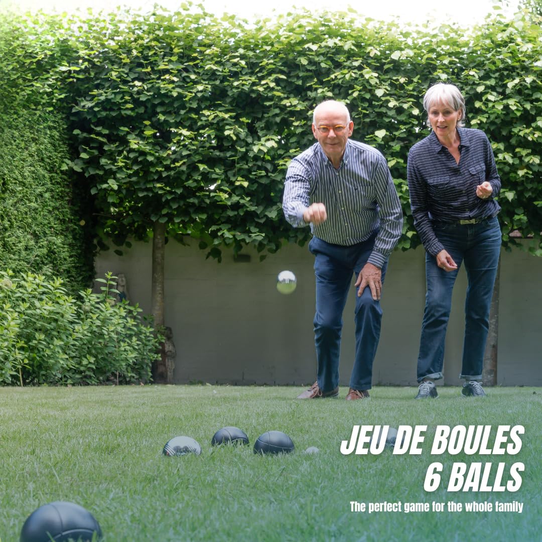 Engelhart Boules de Pétanque 6 Boules Métal 74 mm 720 g – 3 Noires et 3 Chromées avec Sac Nylon, Cochonnet, Cordon de Mesure et Ramasse-Boule Magnétique – Kit Extérieur Adulte – 010207 | Jeu complet 6 boules pour 2 joueurs avec boules noires/chromées, sac