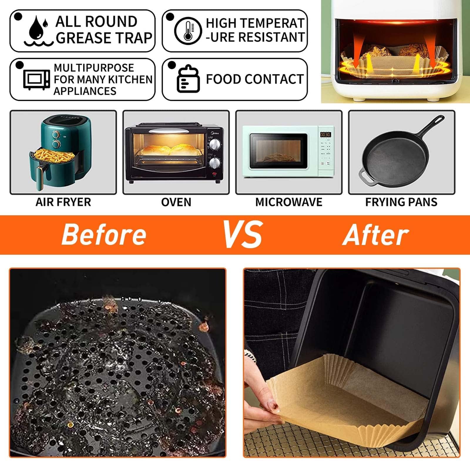 Carta forno per friggitrice ad aria 400 unità da 20-24 cm Quadrata. Adatto al friggitrice ad aria, da 5 a 8 litri. Carta Air Fryer certificata per uso alimentare BPA Free, FDA e LFGB