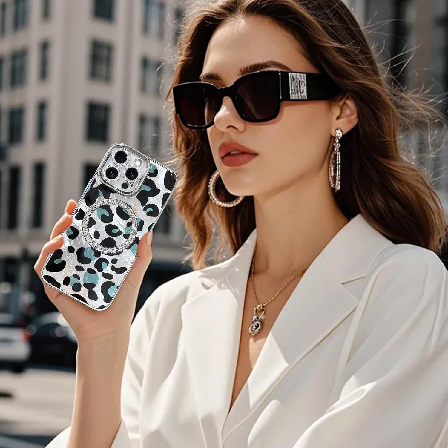 Fiyart Designed for iPhone 15 Pro Max Case,Compatible with MagSafe Cheetah Print Plating Diamond Camera Protection Magnetic Glitter Leopard for Women Men Shockproof Phone Bumper 6.7"-Silver - Image 6