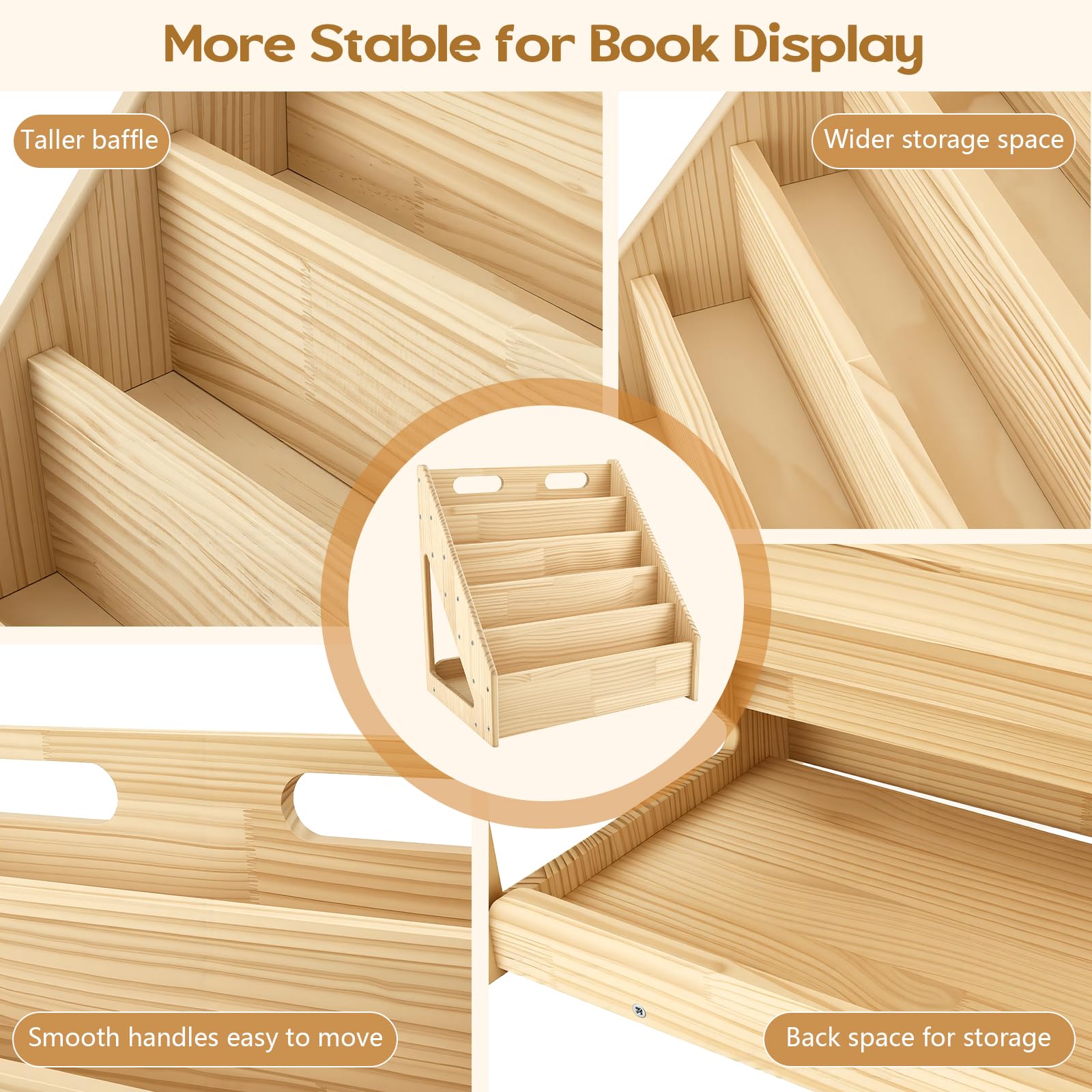 Scaffale Montessori per Bambini, Libreria a 4 Ripiani Orientata Verso l’Anteriore, Scaffale Retro Pratico Contenitore, in Legno di Pino Stabile, per Soggiorno, Bambini 41,9x30,4x41,9cm