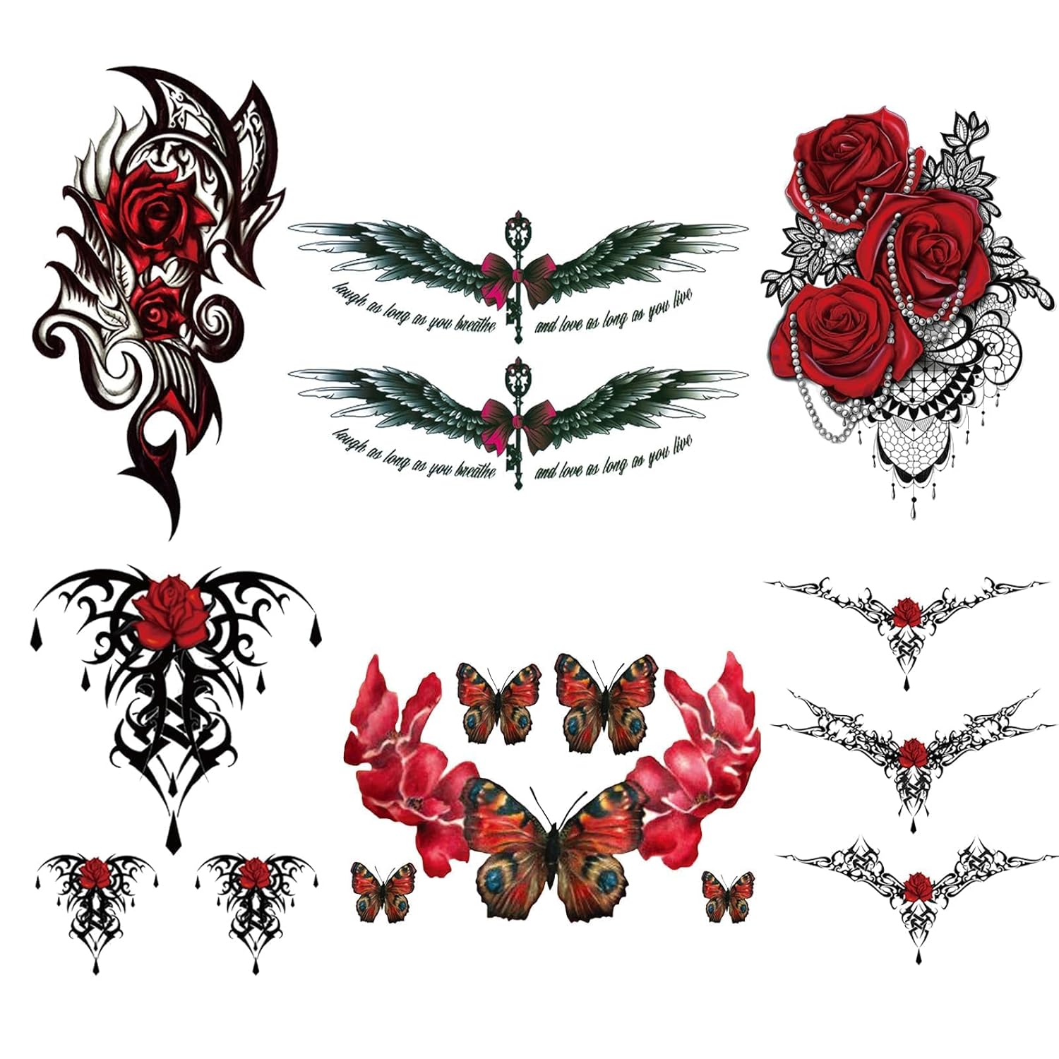 CARGEN Sexy Rose Temporary Tattoos - 6 Sheets Butterfly Jewelry Wings Wand Bow Tattoos for Women Girls Makeup Fake Tattoo Body Art Sticker Great for Legs Thighs Chest Hips Neck Shoulder