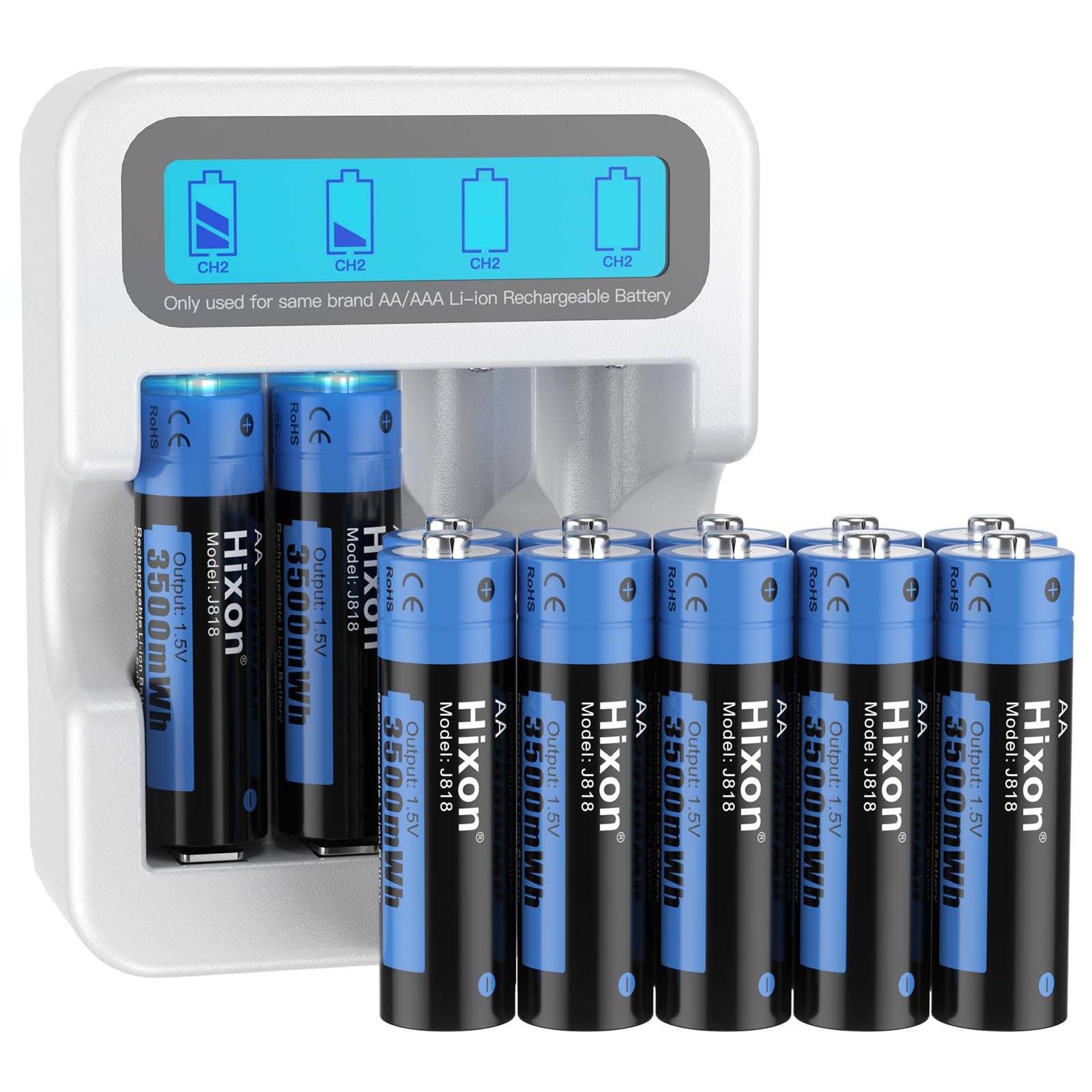 Hixon 1.5V AA Rechargeable Lithium Batteries Pre-Charged12 Pack High Capacity 3500mWh,1600 Cycle,Long-Lasting for Quest 3 Controller Blink,etc(12 AA+1charger)