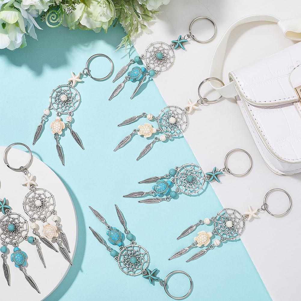 CRASPIRE 1 Box 16Pcs Dream Catcher Keychains Dream Keychain Bulk Alloy Dreamcatcher Synthetic Turquoise Sea Turtle Starfish Lucky Charm Key Chains for DIY Carkey Keychain Party Inspirational Gift - Image 4