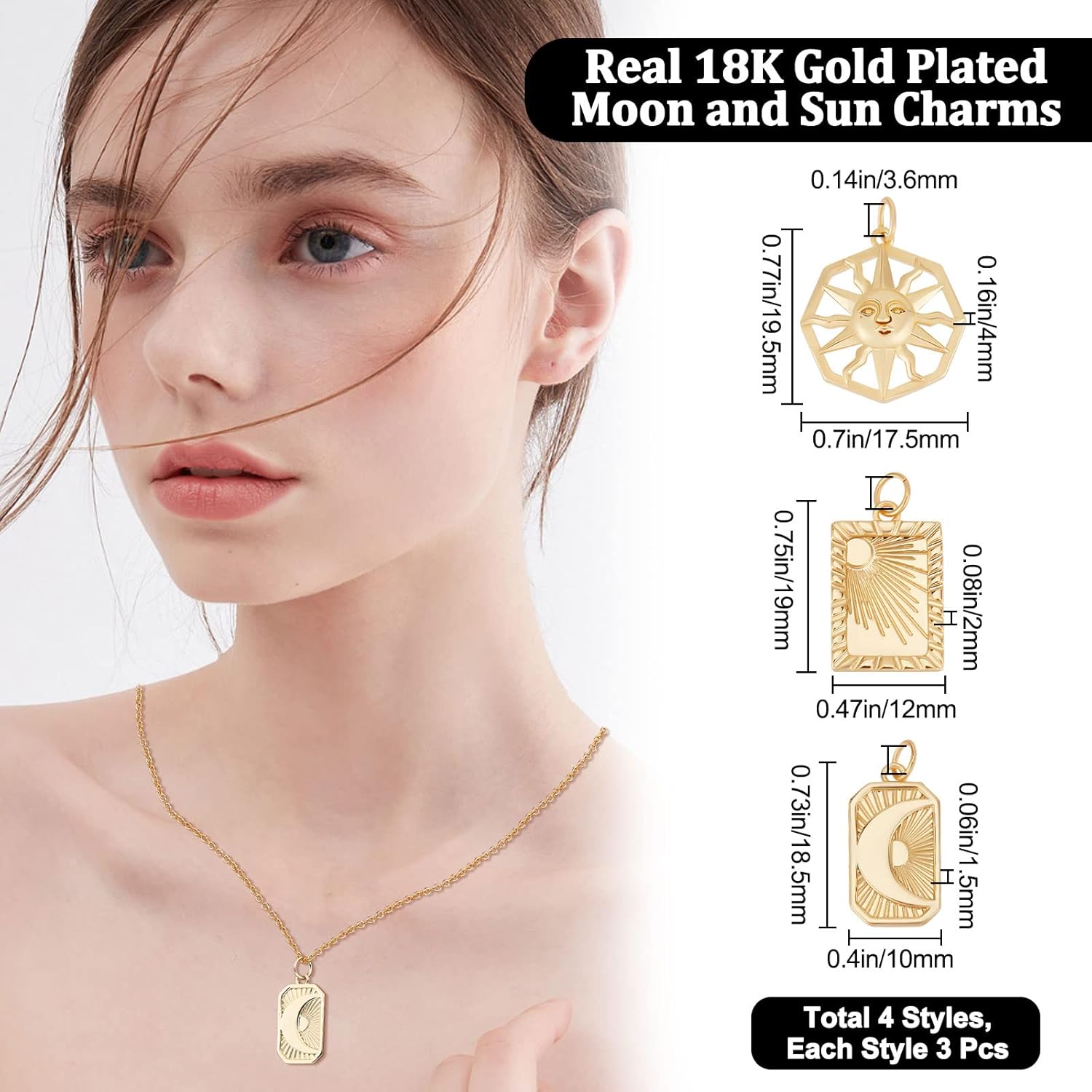 Beebeecraft 9Pcs 3 Style Moon and Sun Charms 18K Gold Plated Octagon Rectangle Pendants Dangle Charms with Jump Rings for DIY Necklaces Bracelets Jewelry Making - Image 2
