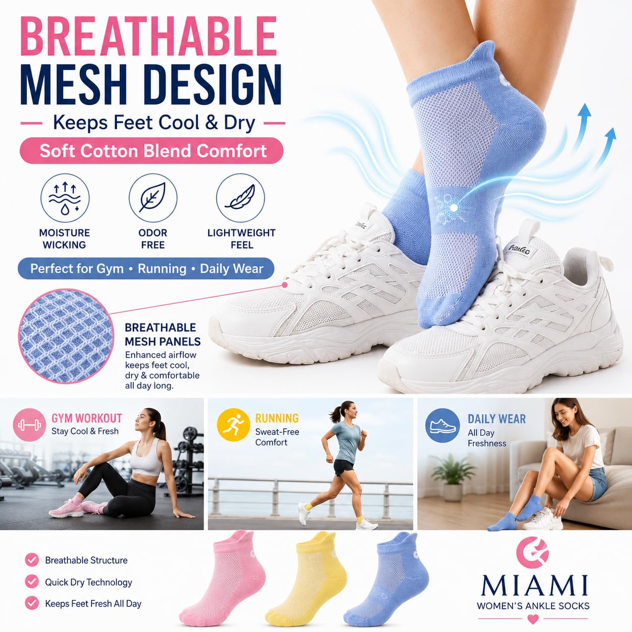 XJARVIS Miami - Calzini alla caviglia per donne e ragazze, in cotone e bambù, per corsa, ciclismo e palestra, inodore, traspiranti, ultra morbidi, confezione da 3, 6, 9, 12 (rosa/viola/giallo),