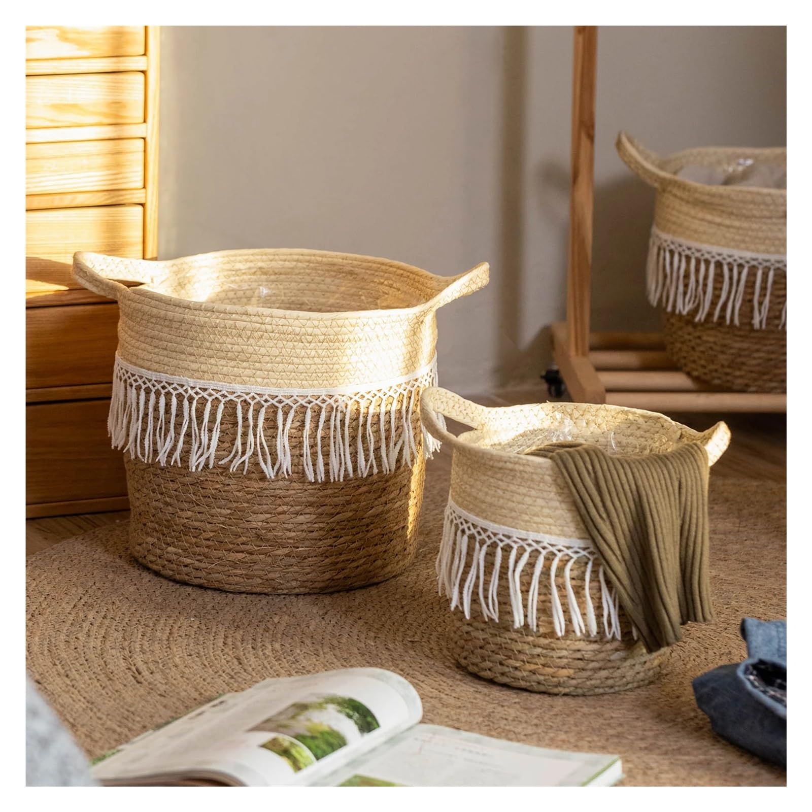 Wiklinowy kosz piknikowy, Handmade Straw Rattan Vase Basket For Flower Plant Indoor Outdoor Decoration(XL)