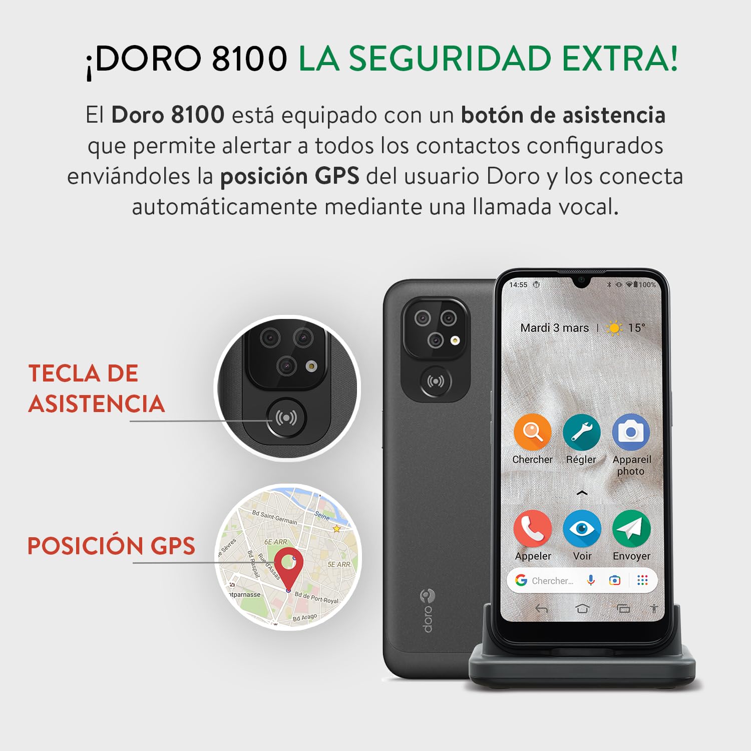 Doro 8100 Plus 4G Smartphone Android Seniores - Teléfono Móvil para Mayores - Fácil - Resistente al Agua - Triple Cámara 13MP - Pantalla 6.1" - Botón SOS - GPS - 2GB +32GB - Base Carga - Funda