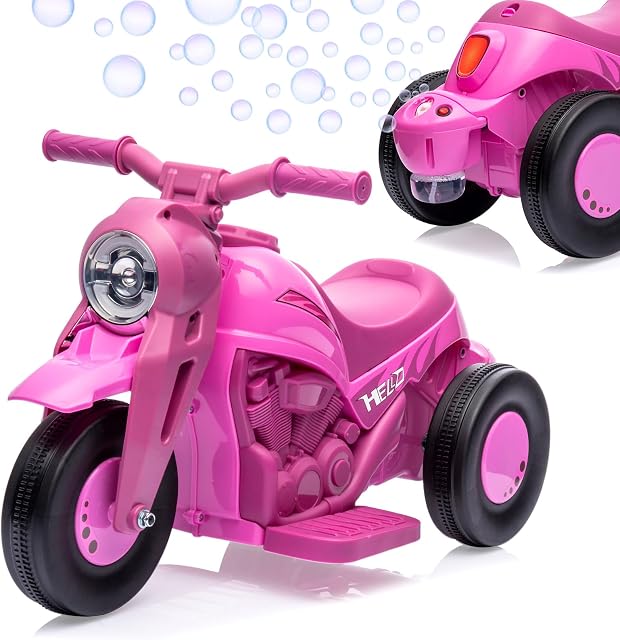 Kids Motorcycle with Bubble Function, Hetoy 6V Battery Powered Ride On Motorbike Toy w/LED Headlights, Music, Pedal, Forward/Reserve, 3 Wheels Electric Bubble Car for Kids 3 and Up Boys Girls, Pink