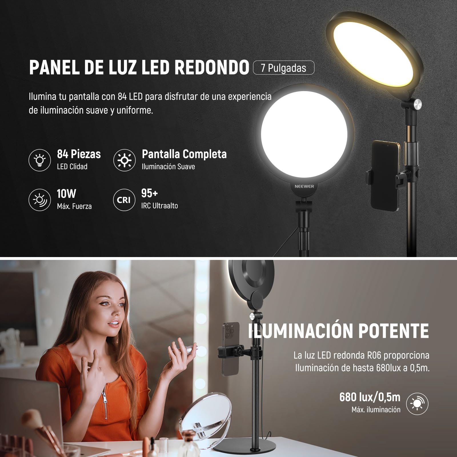 NEEWER Basic 7" Kit Luz Selfie Teléfono Escritorio, 10W 3000k-6500K Luz Anillo Pantalla Completa Regulable con Soporte y Soporte Teléfono para Videoconferencia,Selfie,Vlog,Maquillaje,Transmisión, R06