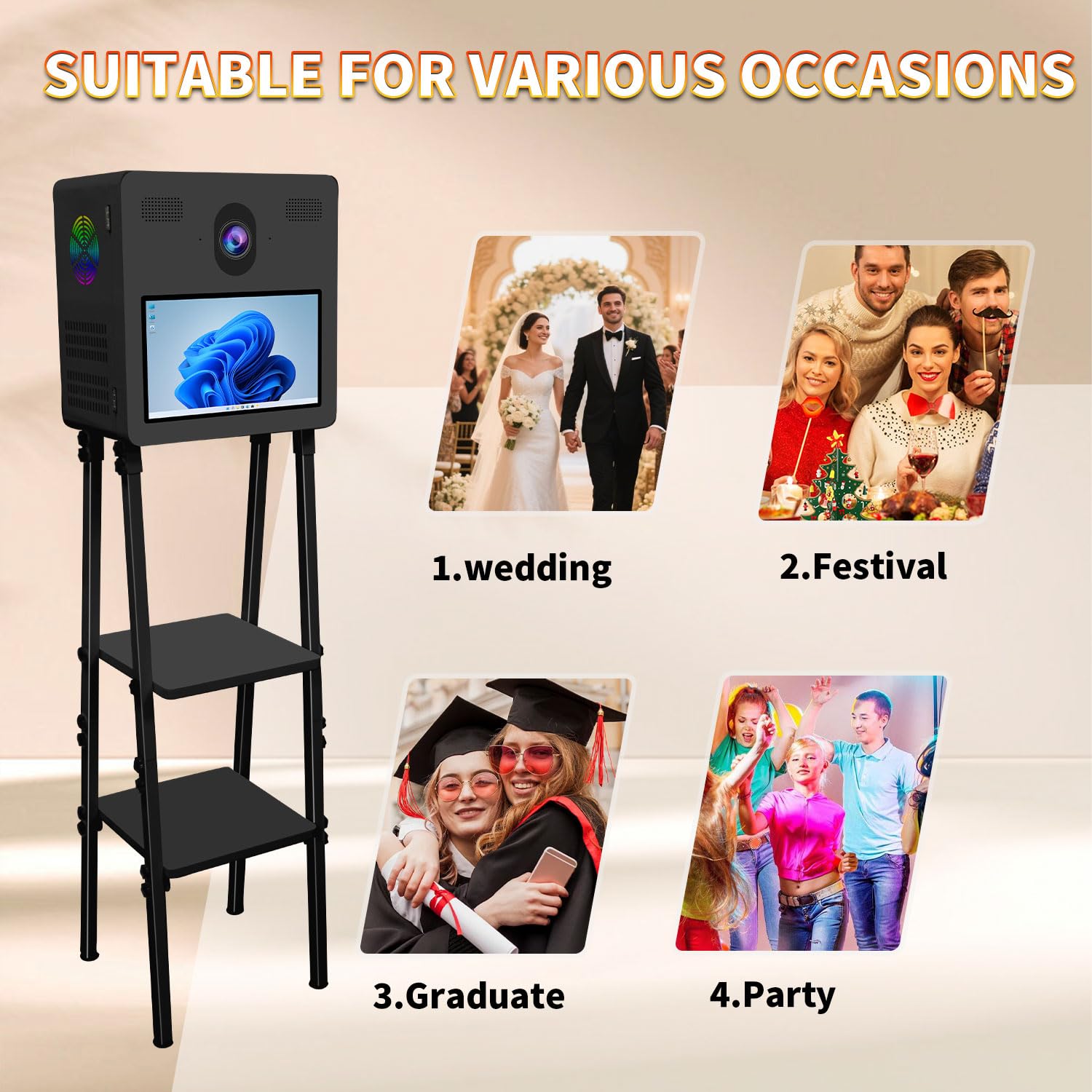 Appareil photo reflex numérique à double écran avec écran tactile de 15,6" pour selfie de fête de mariage, prend en charge la connexion de deux appareils photo et imprimante, boîte photo multifonction