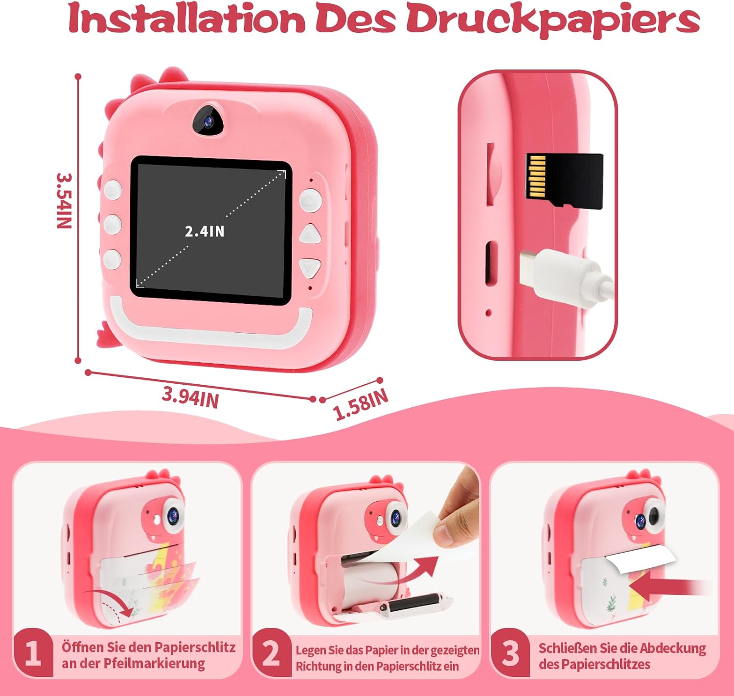 Three-step diagram showing how to load thermal paper into the instant print camera.