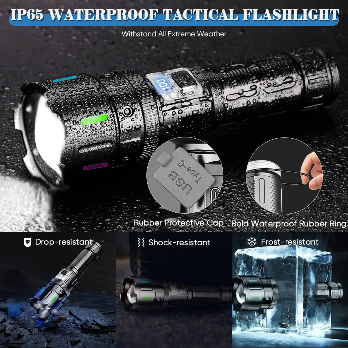 NAKCNM Rechargeable LED Flashlight - High Lumens Super Bright USB-C Tactical Flashlight
