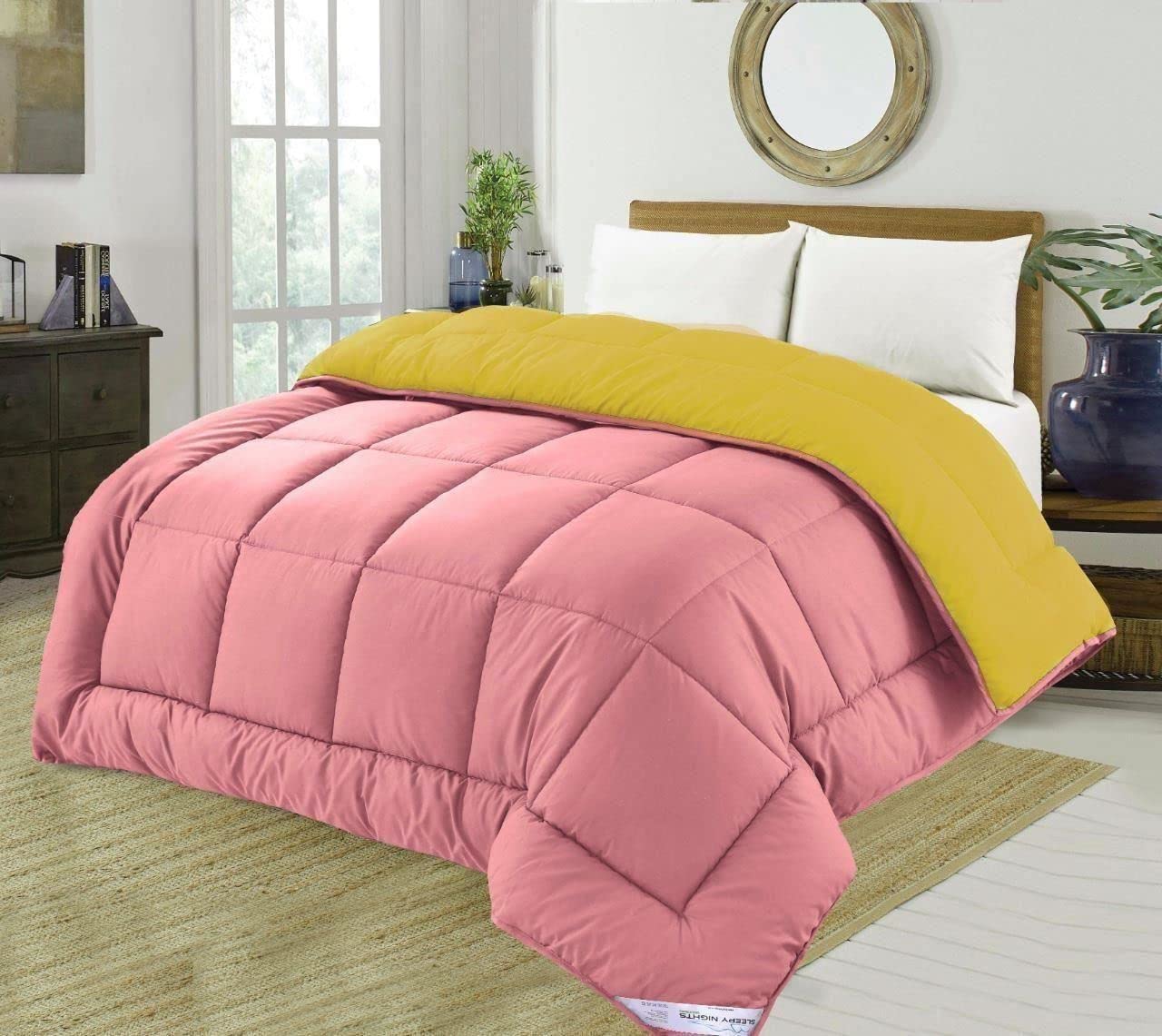 SleepyNights 7.5 tog Box Stitching Reversible Coverless Summer Cool Duvet - Mustard and Pink - King