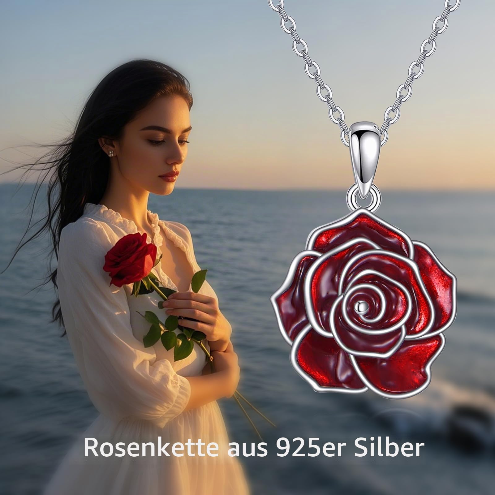 ONEFINTIY Rote Rose Kette 925 Sterling Silber Rote Blume Anhänger Emaille Rose Blume Schmuck Geschenke Für Damen