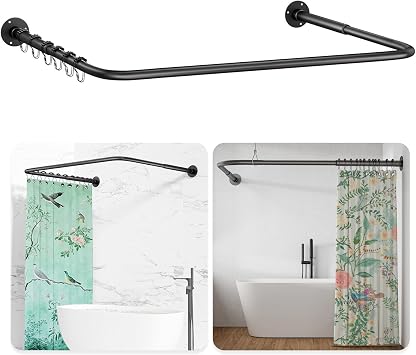 L Shaped/U Shaped Shower Curtain Rail, [60-92]X[78-198]X[60-92]cm Adjustable Shower Curtain Pole, Wall Mounted Curved Shower Rail With 12 Rings & Ceiling Support For Bathroom Bathtubs, Need Drilling