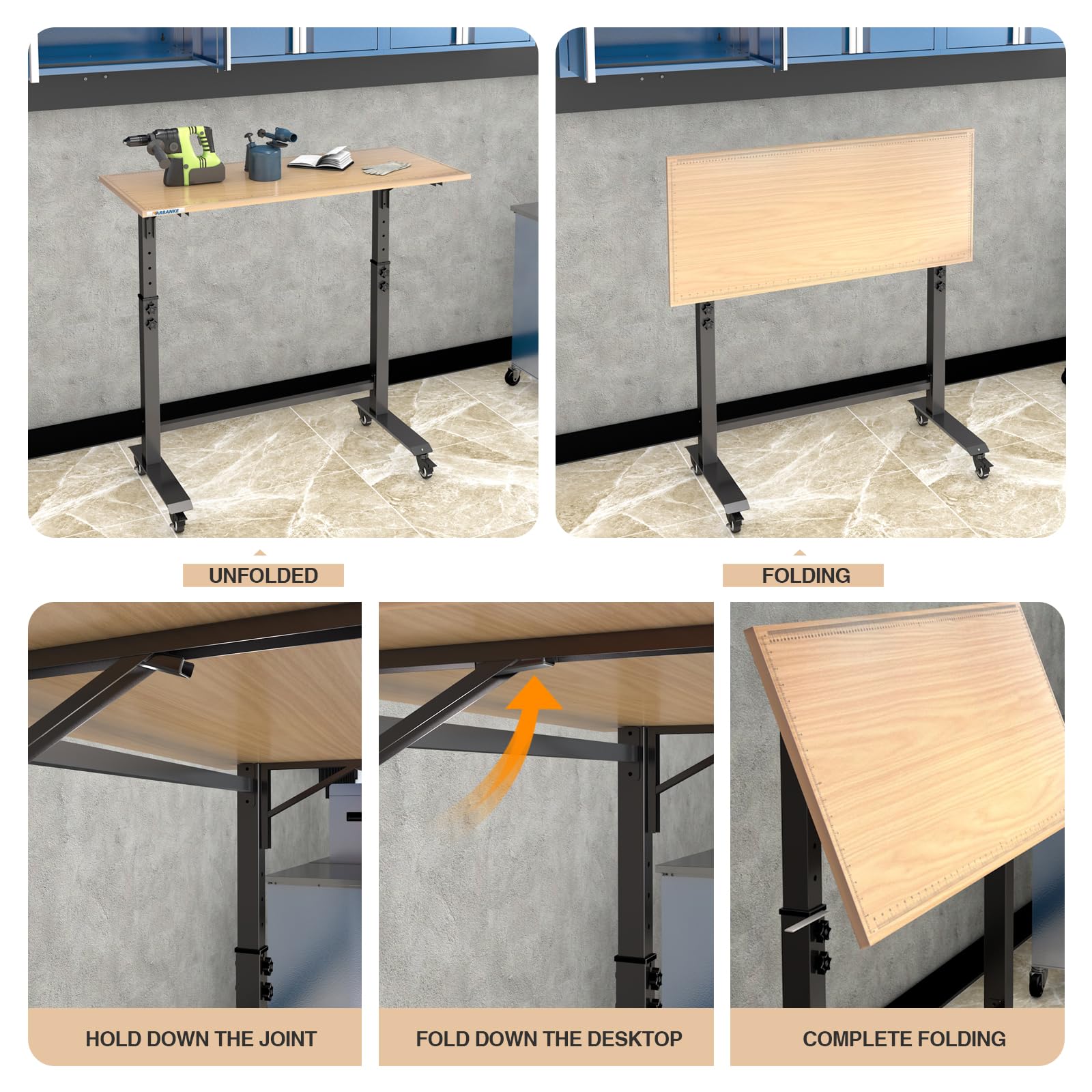 LARBANKE Klappbare Werkbank (115cm) Belastbar bis 363kg, Mobiler Arbeitstisch Höhenverstellbar (85-115cm), Schwerlast-Tisch mit Rollen & Skala, Werkzeuglose Montage