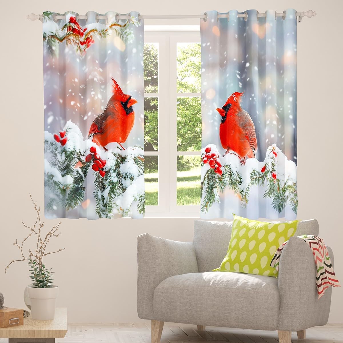 Manfei Cardinal Kids Blackout Curtain,Christmas Poinsettia Winter Snow Window Drapes for Boys Girls,Wildlife Bird Animal Rustic Red Green Window Treatments Grommet Top 2 Panel Set,42Wx63L inch