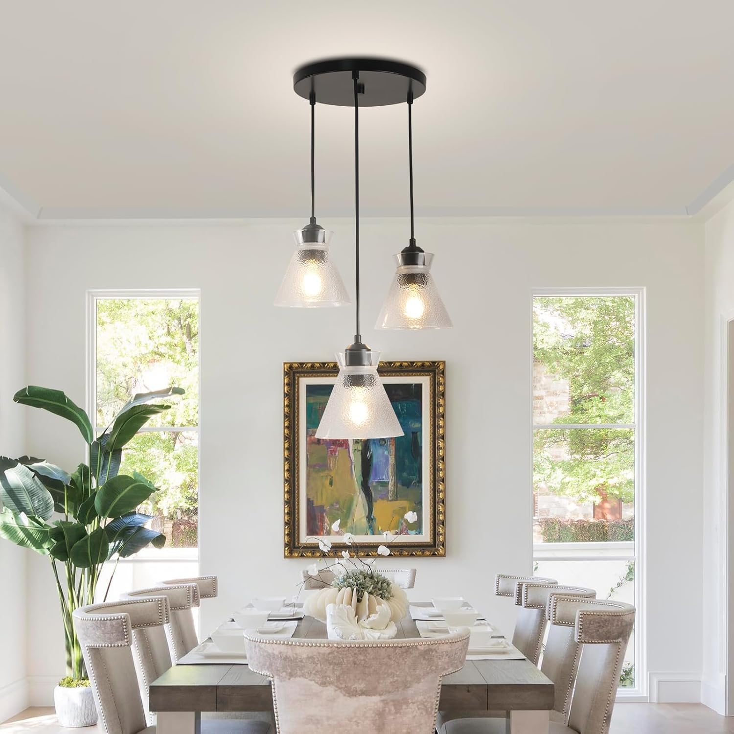 Black Kitchen Island Lighting, 3-Light Farmhouse Pendant Light with Clear Seeded Glass Shades, Adjustable Dining Room Light Fixture, E26 Dimmable Hanging Chandelier for Entryway Hallway