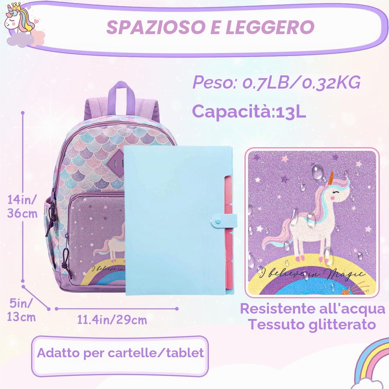 VASCHY Zaino Bambina, Zainetto Bambina Zainetto Asilo Bambino Zaino Scuola Elementare con Fascia Toracica Zaino Bimba Leggera Regalo Bimba 2-8 Anni Zaino da Viaggio/Campeggio