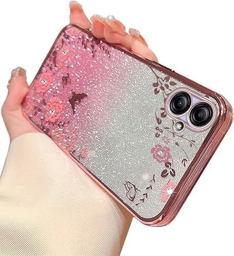 Funda para Galaxy A04e, Samsung Galaxy A04e para mujer, cambio gradual con purpurina, cristal, suave, TPU elegante, mariposa, floral, corazón,
