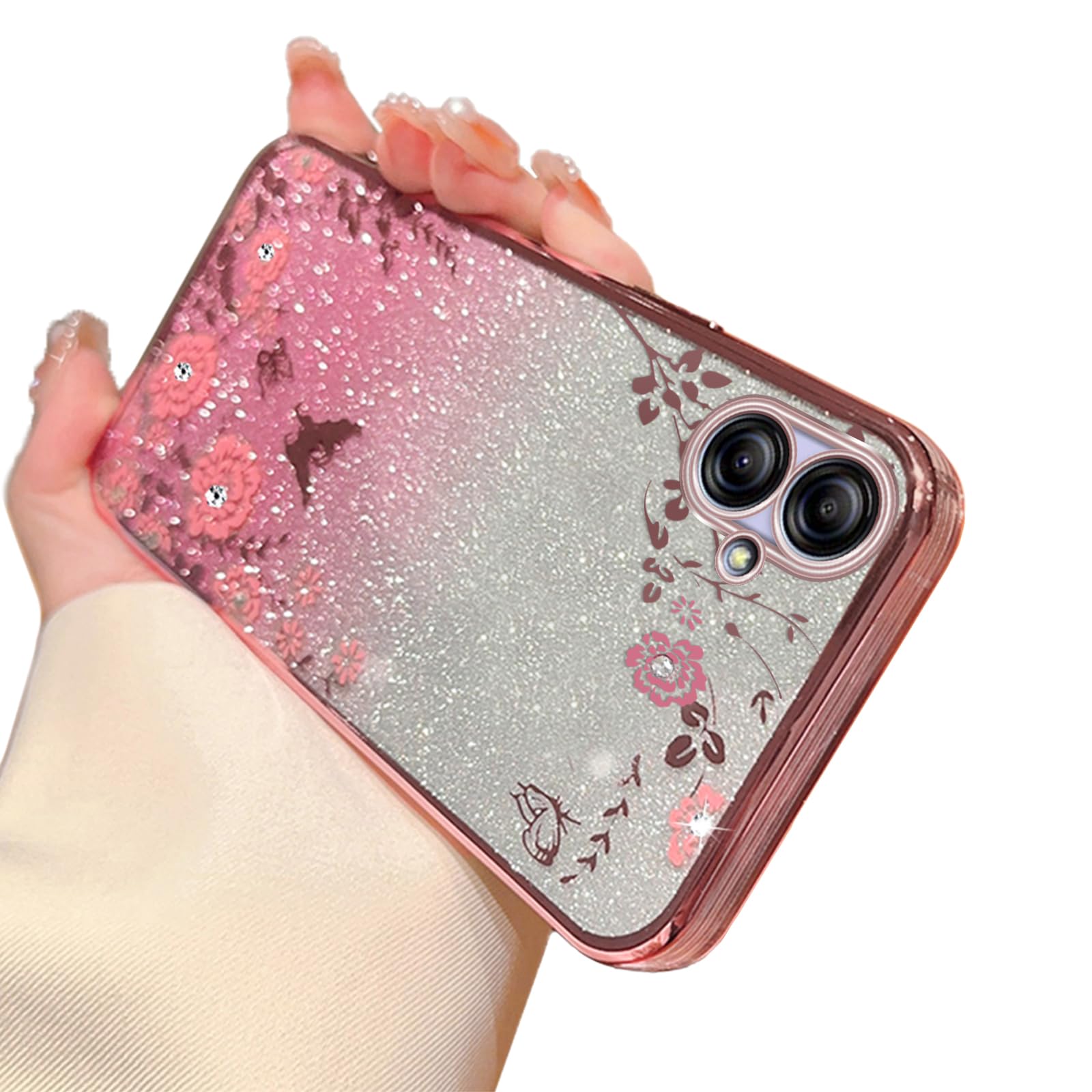 Case for Galaxy A04e, Rose Gold Glitter Crystal Soft TPU Stylish Butterfly Floral Heart Clear Protective Cover with Strap