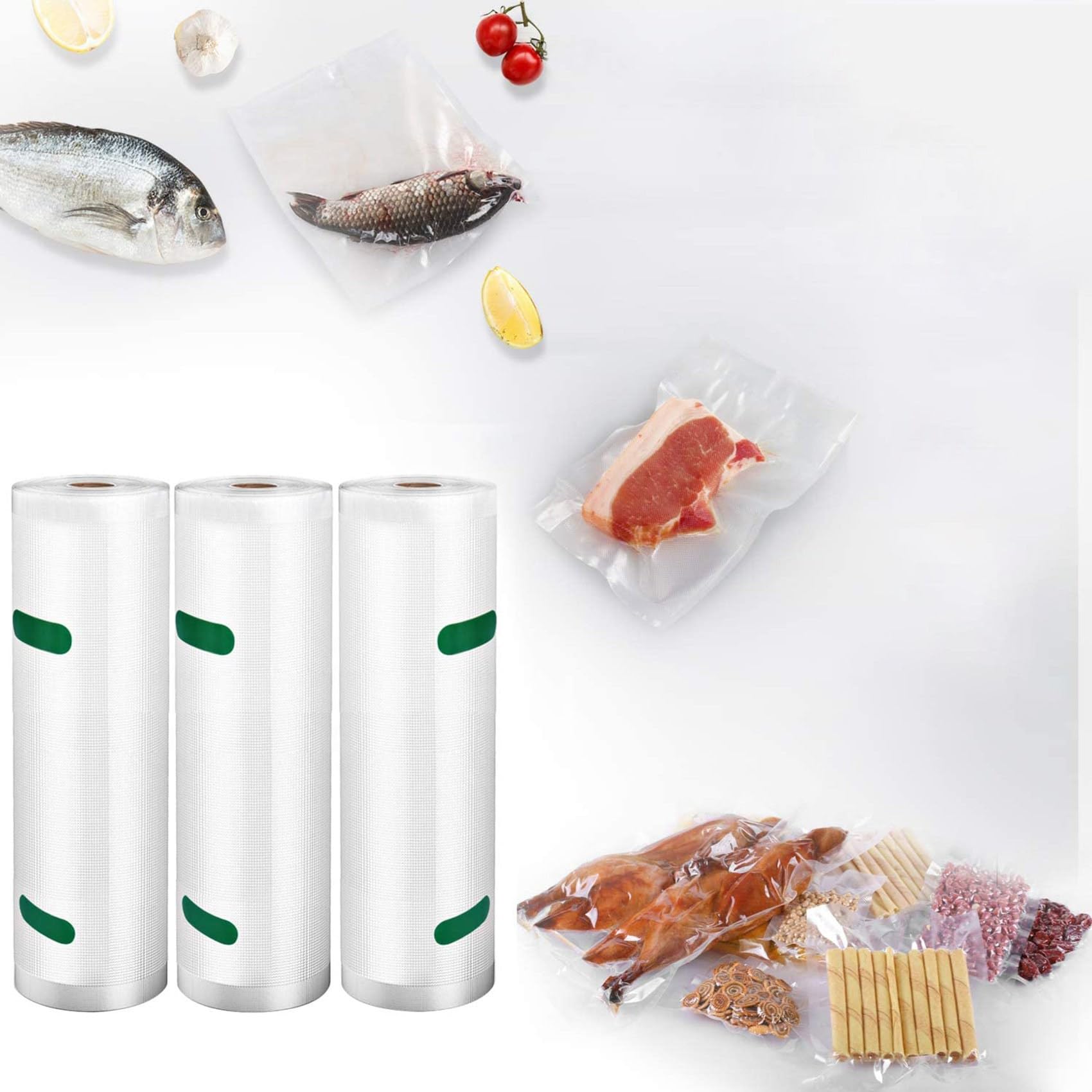 Bolsas Selladoras Al Vacío Rollos Paquete de 9 para Conservar los Alimentos, Bolsas de Almacenamiento de Vacío Servicio Pesado para Cocción Sous Vide, Congelador