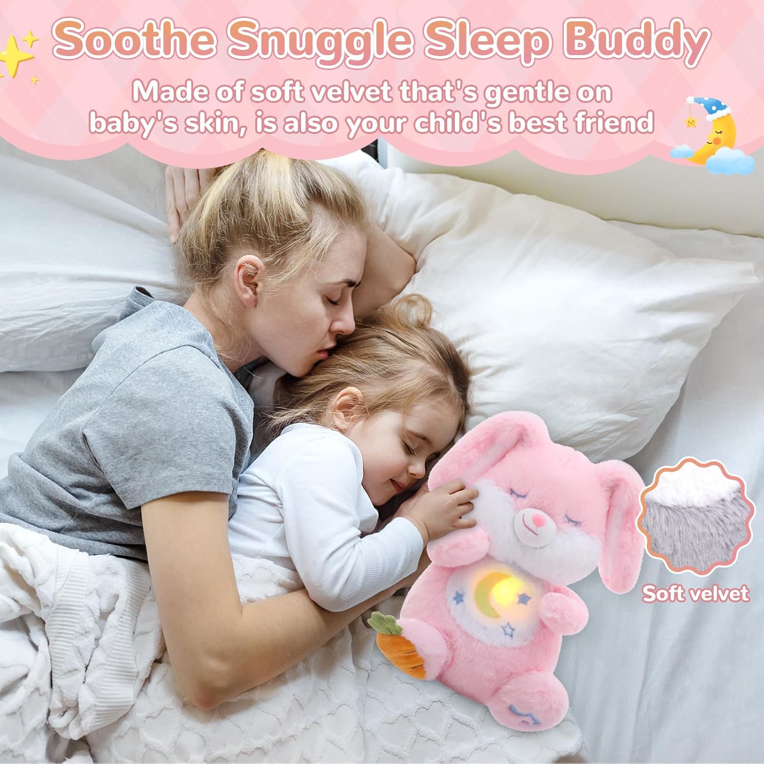 Breathing Stuffed Animal, Soothe Snuggle Pink Bunny & Gray Bunny Plush for Anxiety Adults and Kids, Soothing Stuffed Animal, Soft Breathing Plush Bunny Gifts with Realistic Breathing and Lights