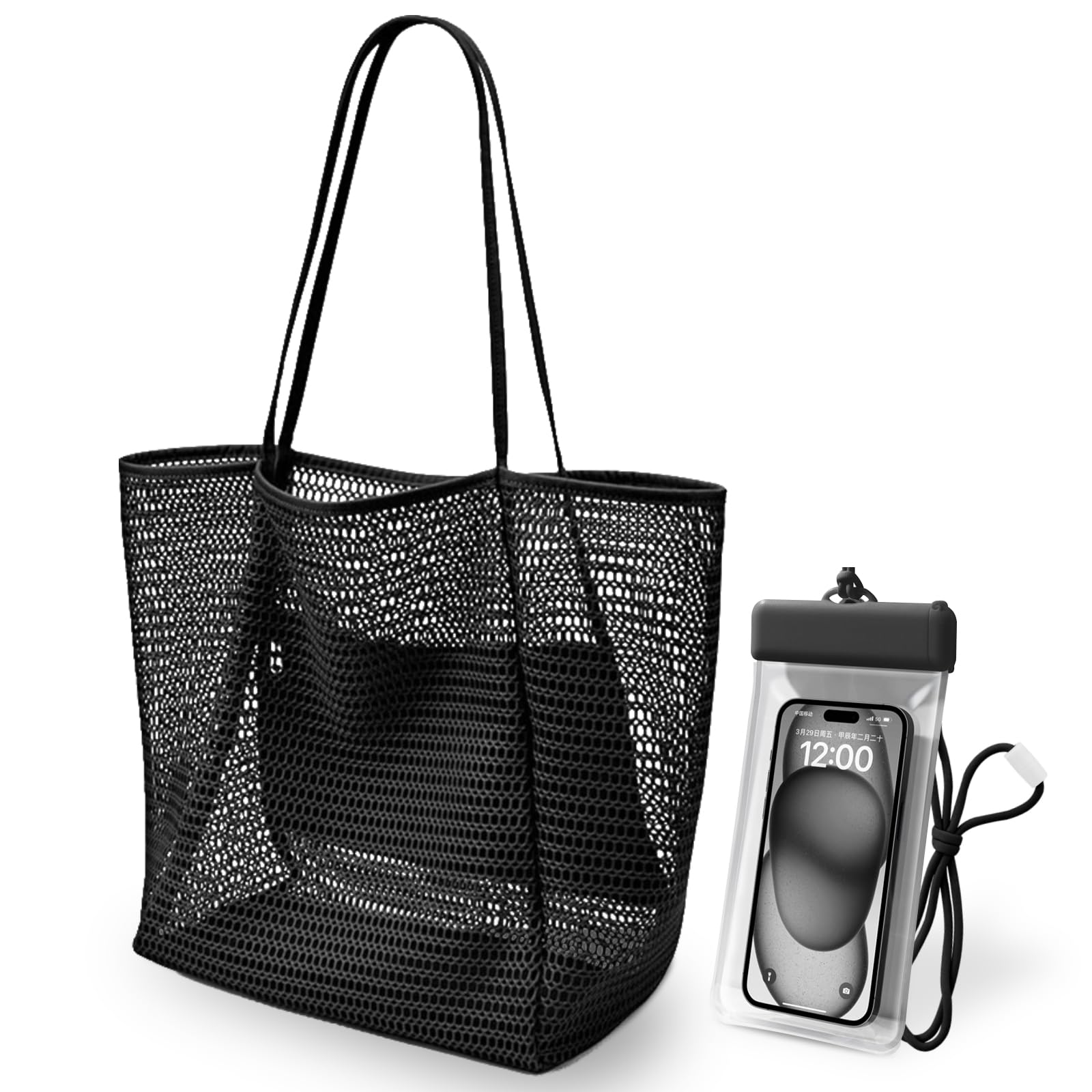 Summer Beach Bags for Women with Zip Pocket Reusable Foldable Beach Tote Bag including The Same Color Waterproof Phone Pouch Lightweight Mesh Beach Bag for Shopping Holiday Travel Picnic Gym (Black)