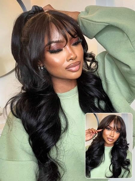 Beauty Forever Bye Bye Knots Glueless Fluffy Body Wave Curtain Bangs Wig Pre Plucked Pre Cut 7x5 Lace Front Human Hair Loose Wave Pre Bleached Pre Everything 3S Ready to Wear Wig 180% Density 20inch - 3