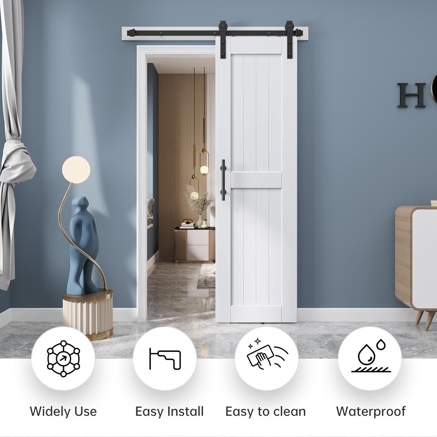 EaseLife 24 x 84 inch White Barn Door with 4FT Sliding Door Hardware Kit Included & Handle,Solid Wood Covered with Waterproof PVC Surface,DIY Assemblely,Easy Install,H-Frame,Fit 20-22in Wide Opening 24"x84" Single Door White