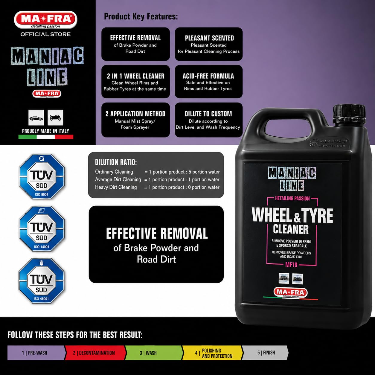 Mafra, Maniac Car Detailing Line, Wheel & Tyre Cleaner, Detergente 2in1, Rimuove Polvere di Freni e Sporco Stradale dai Cerchi in Lega e Gomma, 4500ml