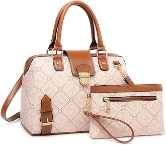 Dasein Women Barrel Handbags Purses Fashion Satchel Bags Top Handle Shoulder Bags Vegan Leather Work Bag, Ds Monogram Pink, M