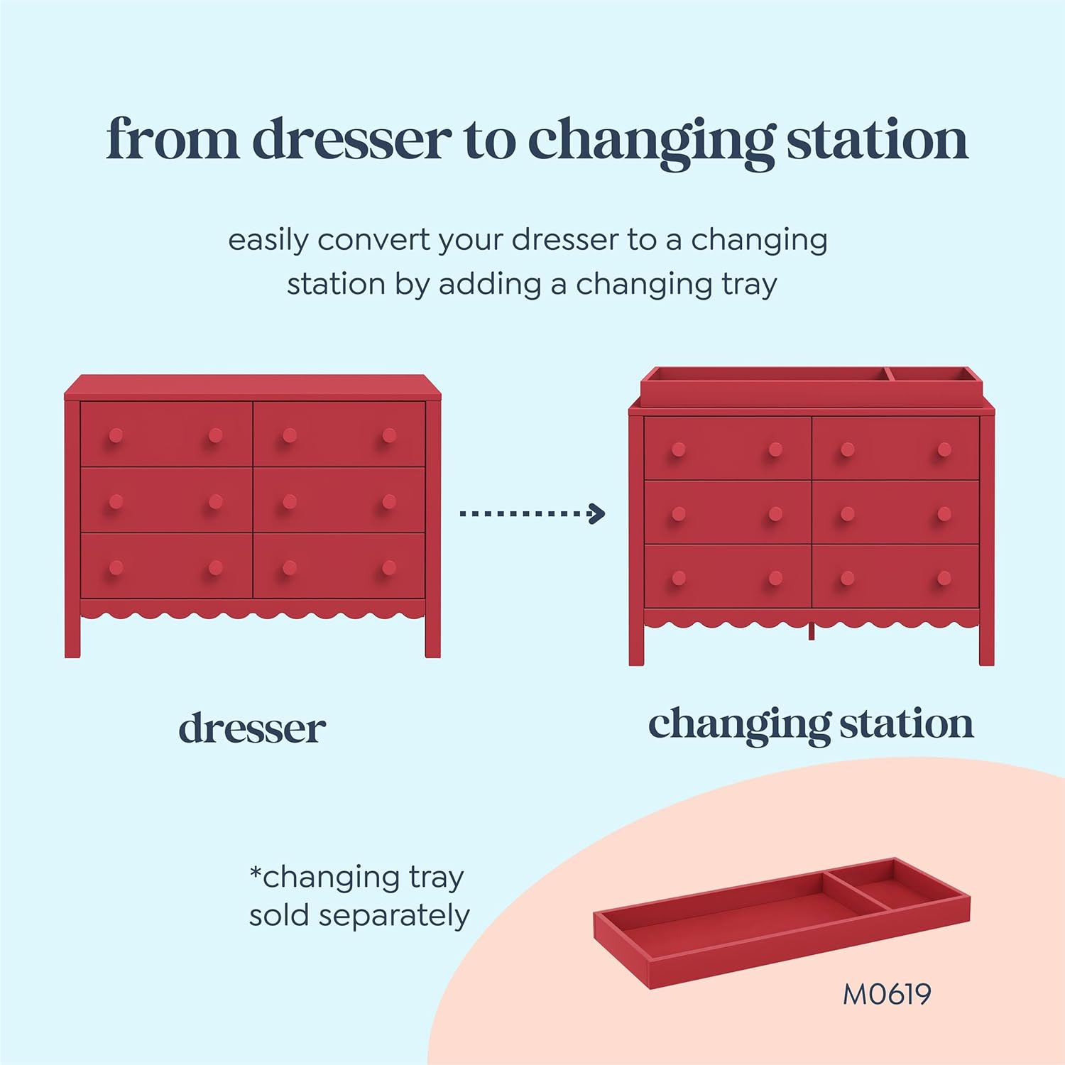 Davinci Sammy Scallop 6-Drawer Dresser in Strawberry Red