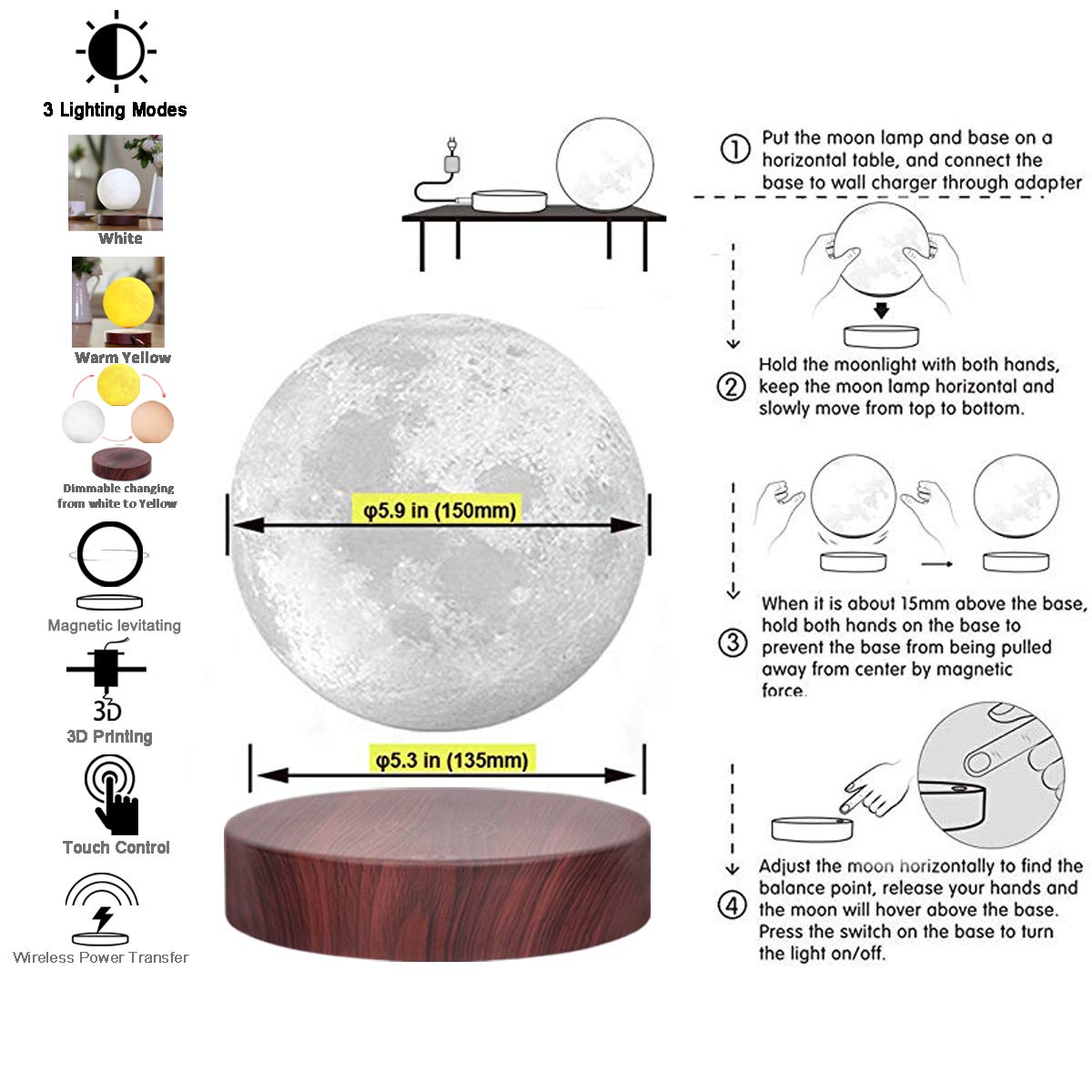 Lampada Luna Levitante VGAzer - Gira E Fluttua Con Luce LED A 7 Colori, Ricarica Wireless, Base Quadrata, Regalo Originale