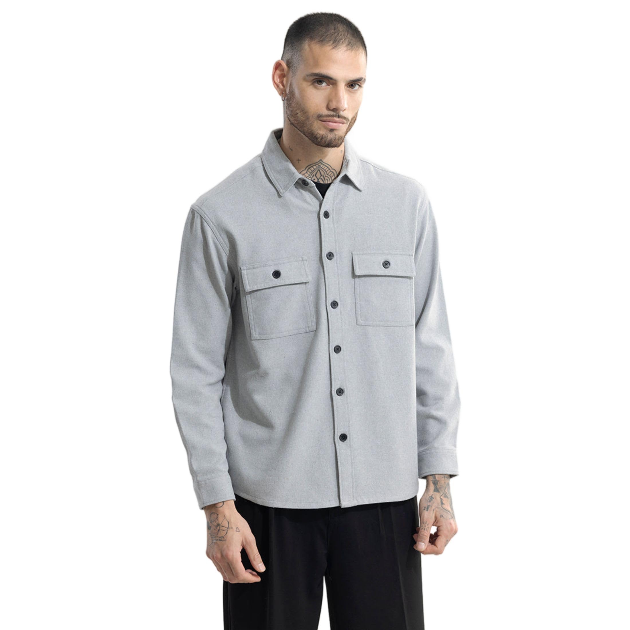snitch Light Grey Solid Cotton Shacket Shirt-picture-45