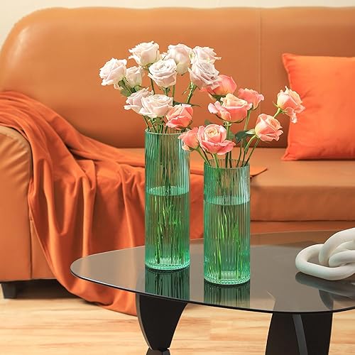 Miniatura 8 de YANWE1 Jarrón de cristal verde, florero de cristal, florero de vidrio acanalado, jarrón verde, jarrones de vidrio cilíndricos altos para centros de