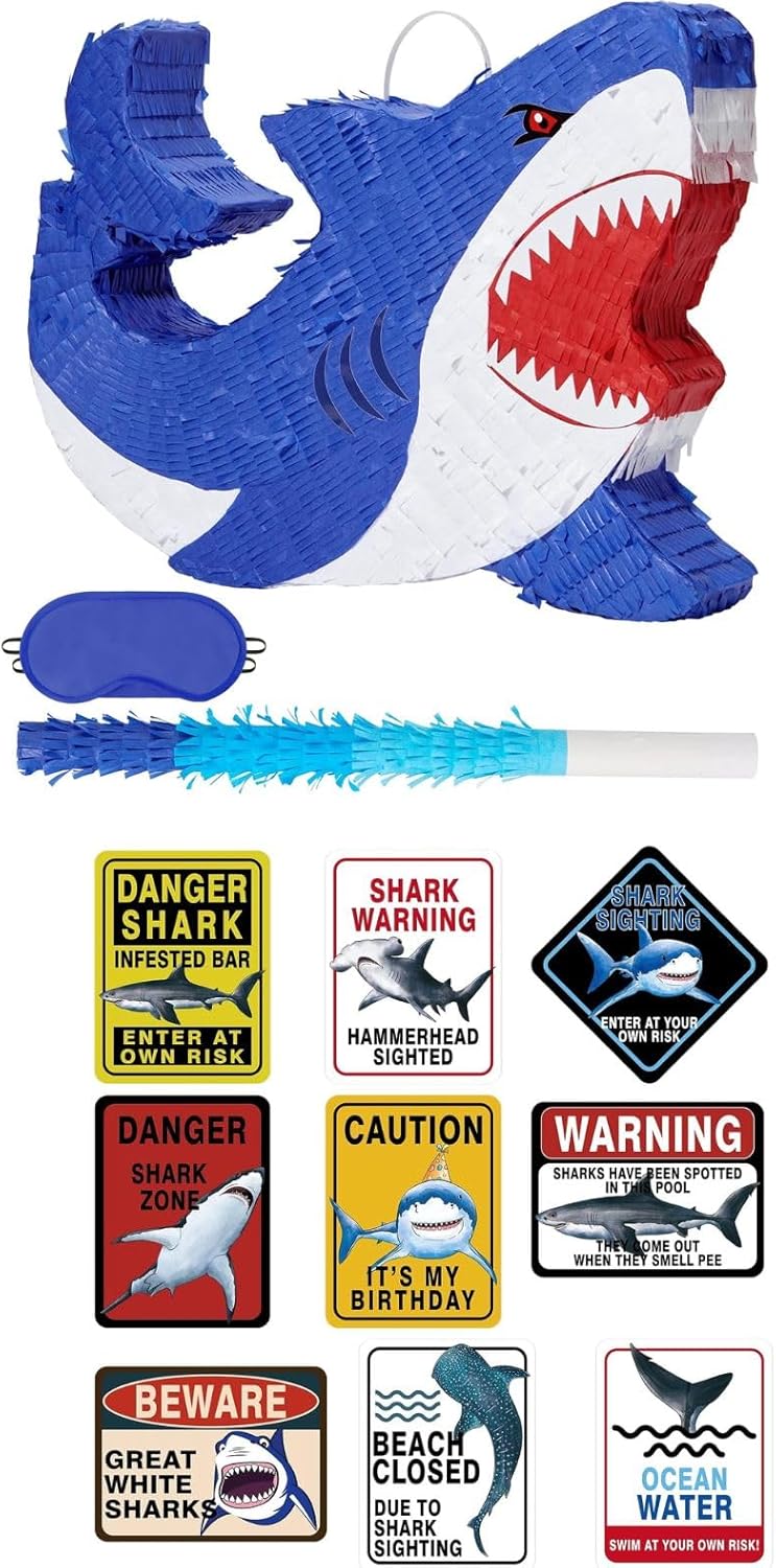 WERNNSAI 9 PCS Shark Birthday Party Signs + Shark Piñata