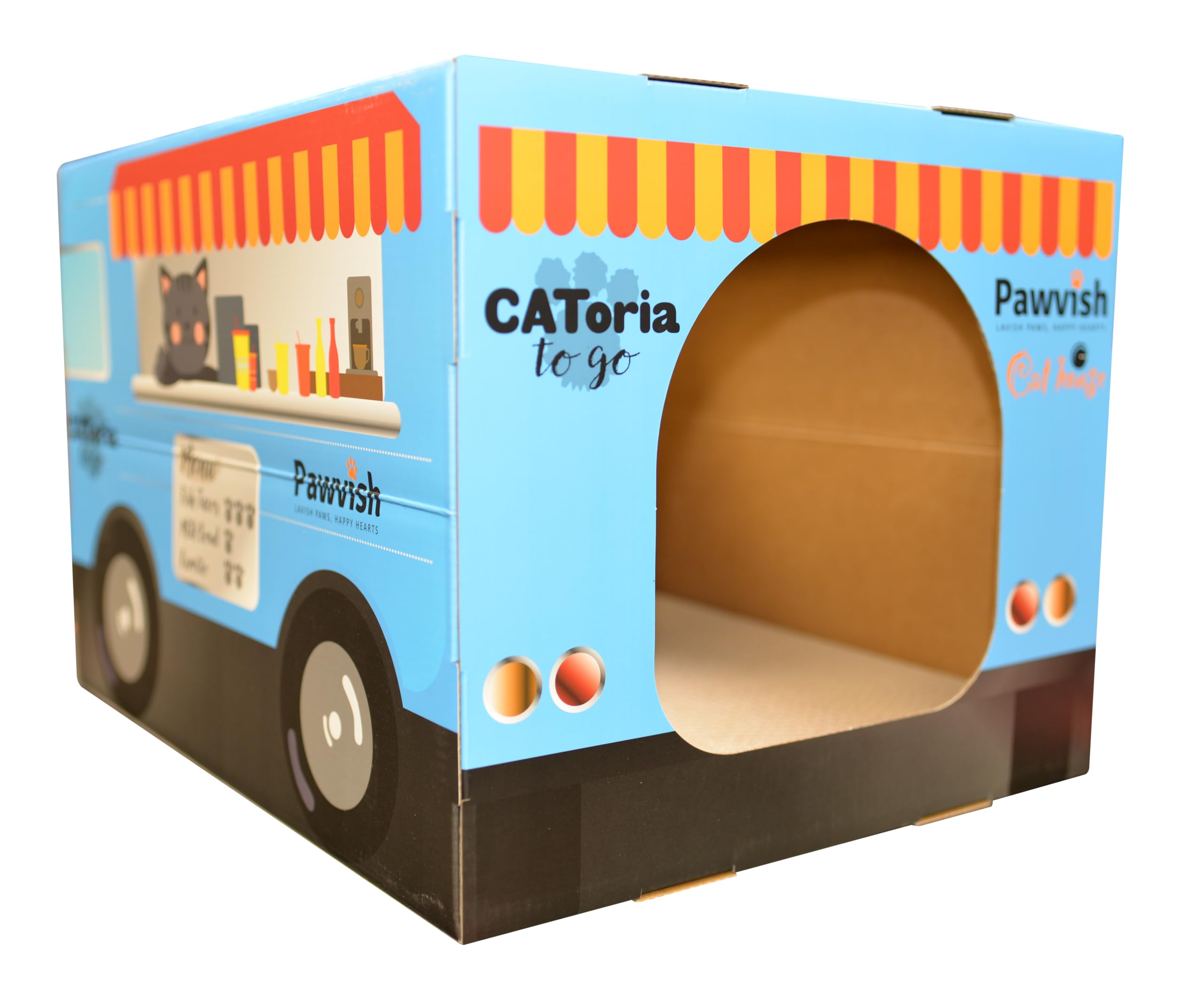 Casa y rascador de cartón para gatos (camión de comida)
